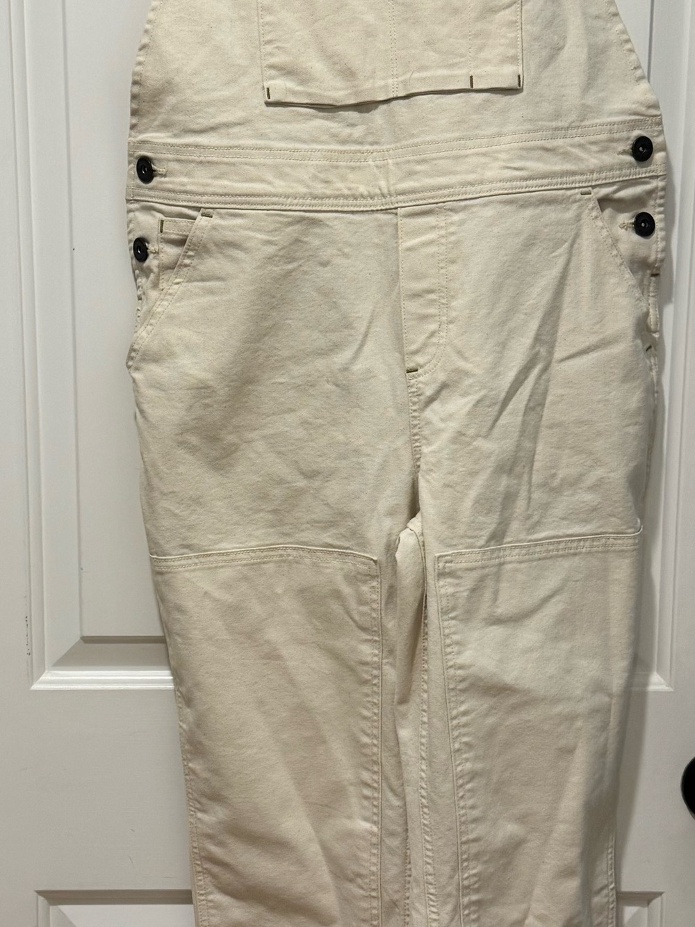 REI CO OP women’s size 8 utility overalls, cotton blend, double knee, cream colo